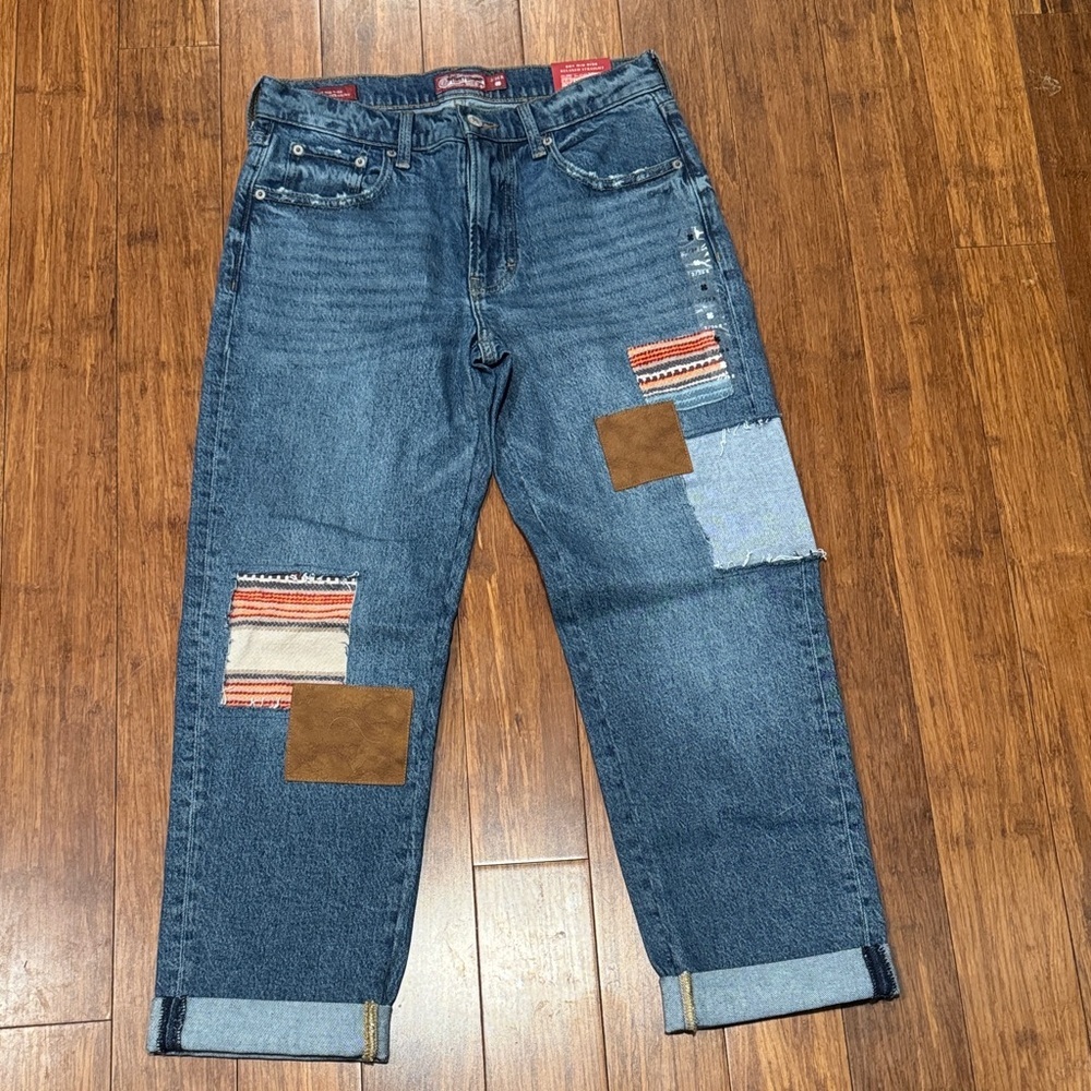 Lucky NWT Woman Mid-Rise Patchwork Straight Leg Boho Boyfriend Jean 2/ 26R - Picture 2 of 7